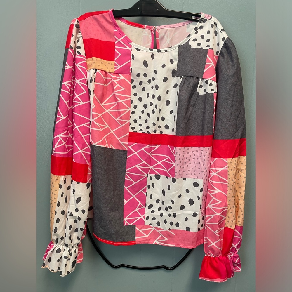 SHEIN Pink and White Geometric Blouse